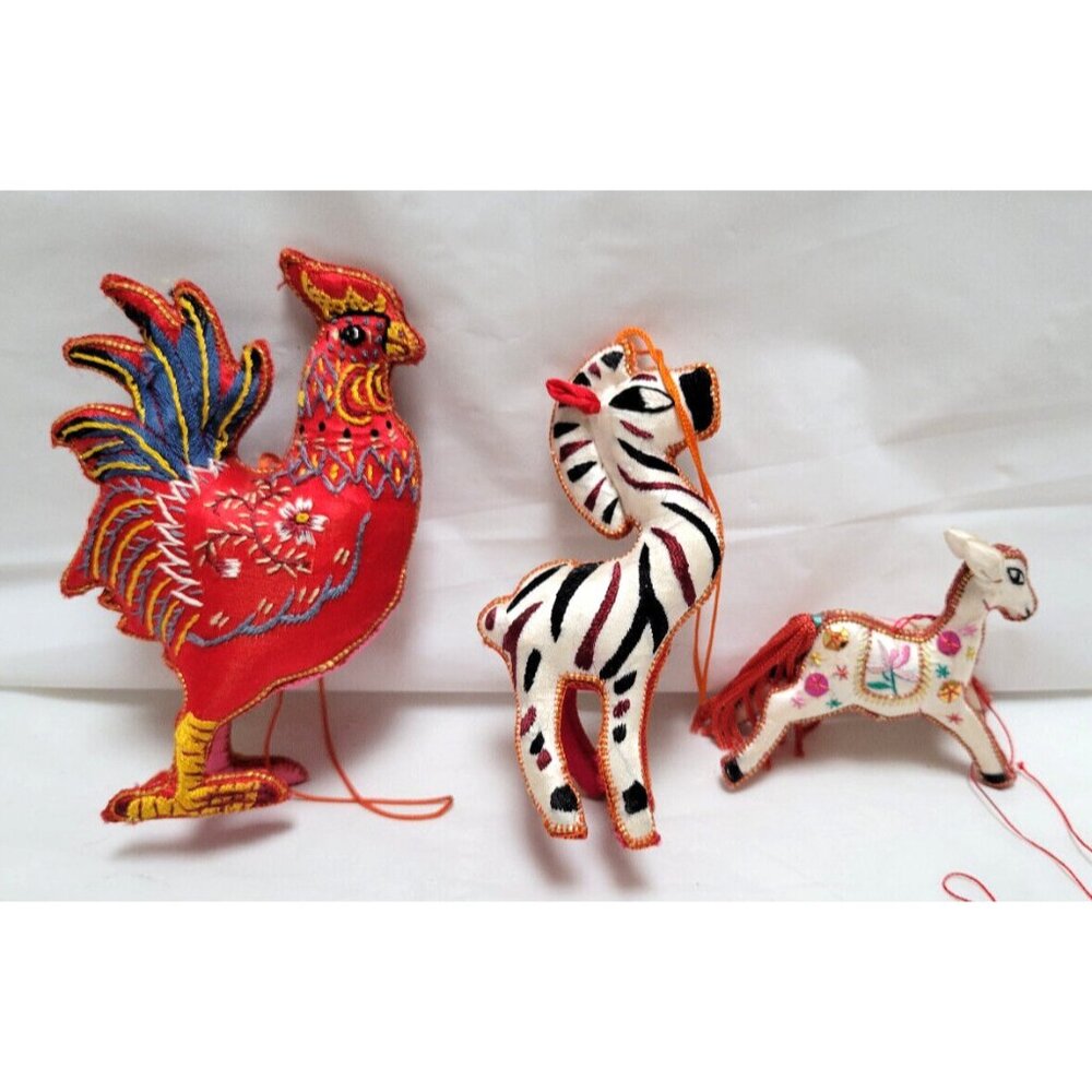 Vintage Lot of 3 Animal Christmas Holiday Ornaments - Giraffe Donkey Rooster